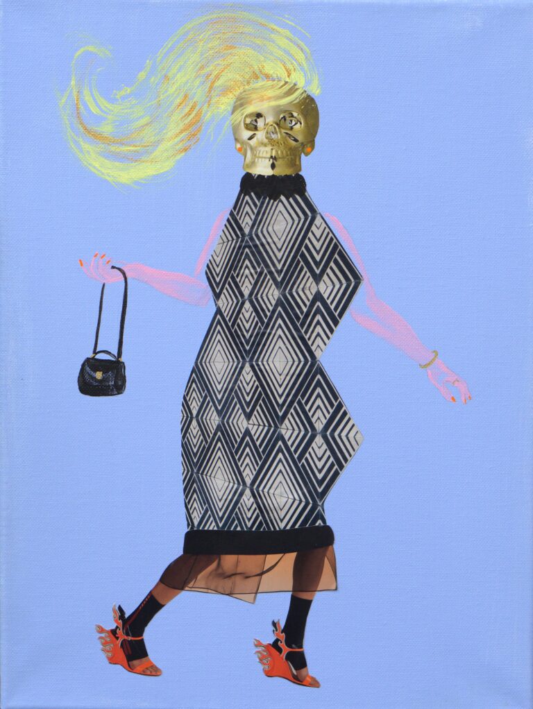 Acrylic painting and collage on canvas of a skull headed lady running on high heels.