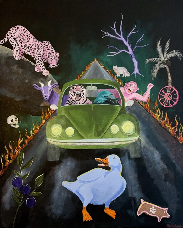 Acrylic painting where animals are driving a car in space.