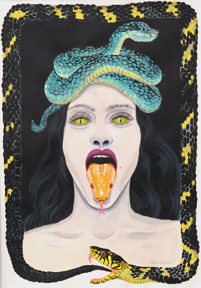 Acrylic painting where a snake eyed woman is looking fearce and has a snake as a turban and one snake coming out of her mouth.