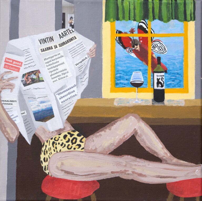 Acrylic painting and collage of a woman reading a newspaper on the morning and drinking wine.