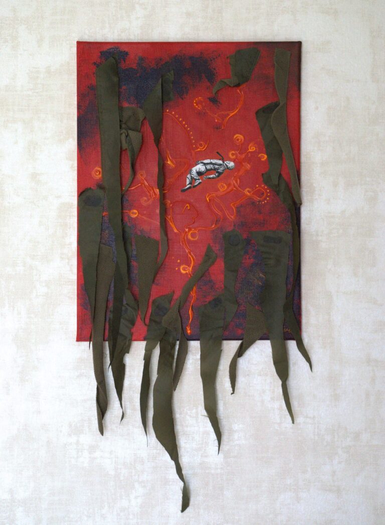 Acrylic painting with collage and textiles. The artwork deportrays a man floating in the water.